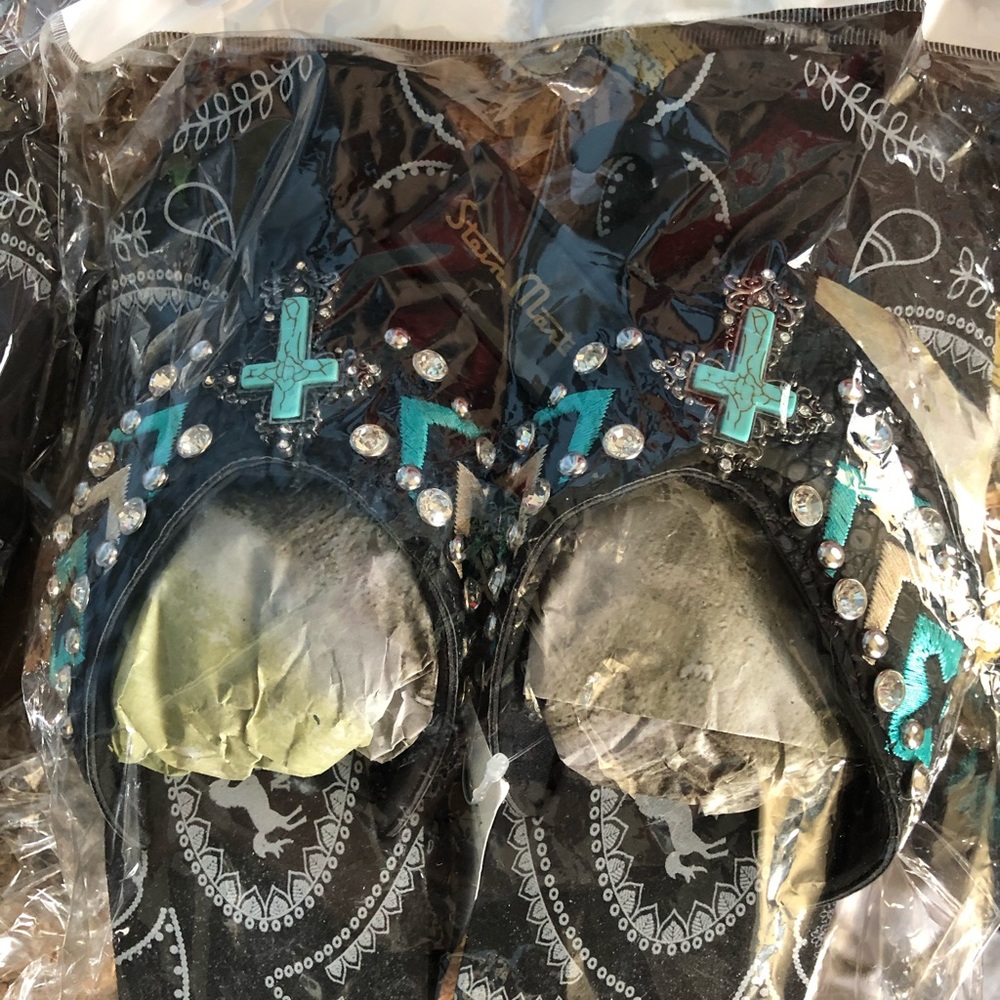 Black and turquoise jeweled flip flops